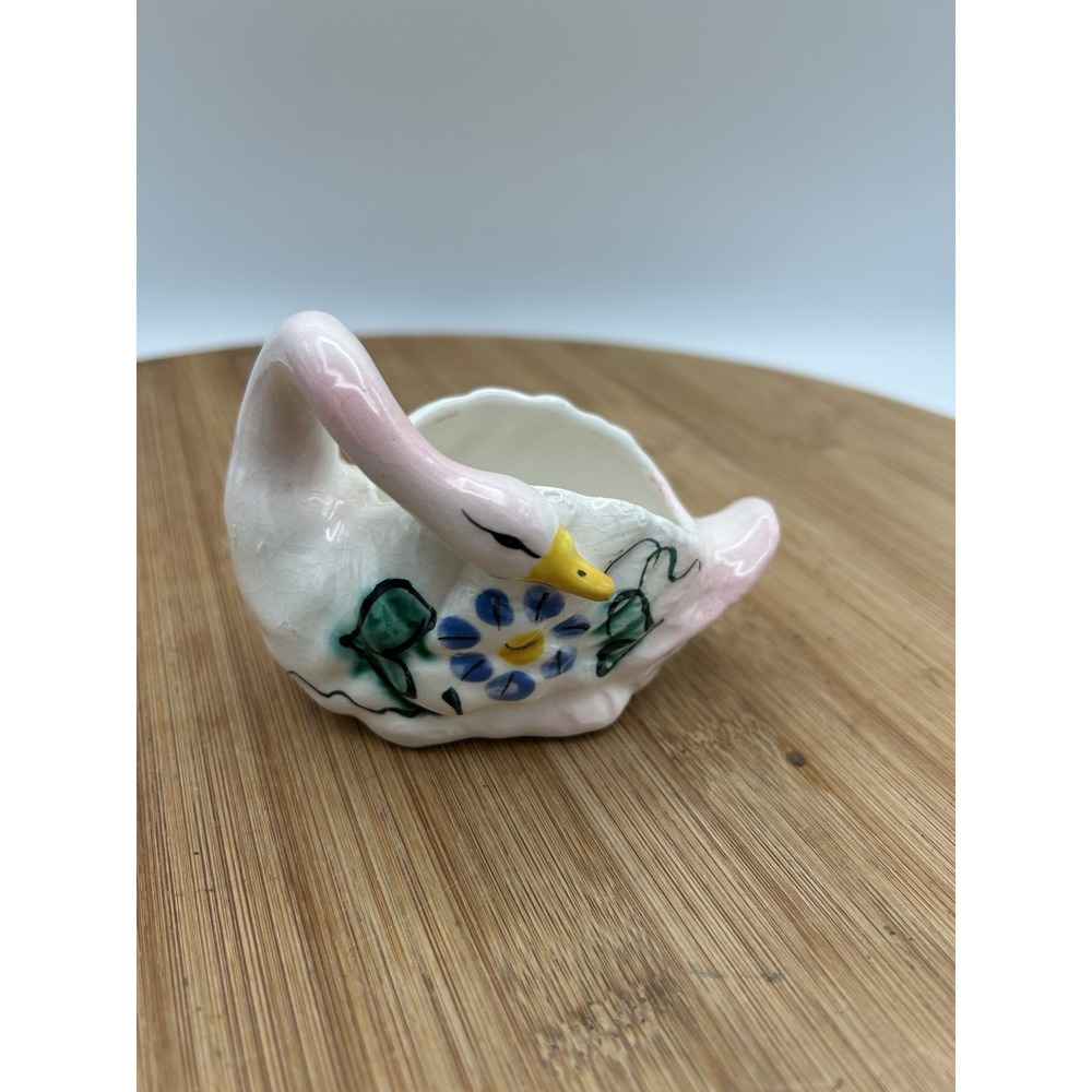 VTG Ceramic White Swan Planter Trinket Made In Japan 4x3 HandPainted Flowers